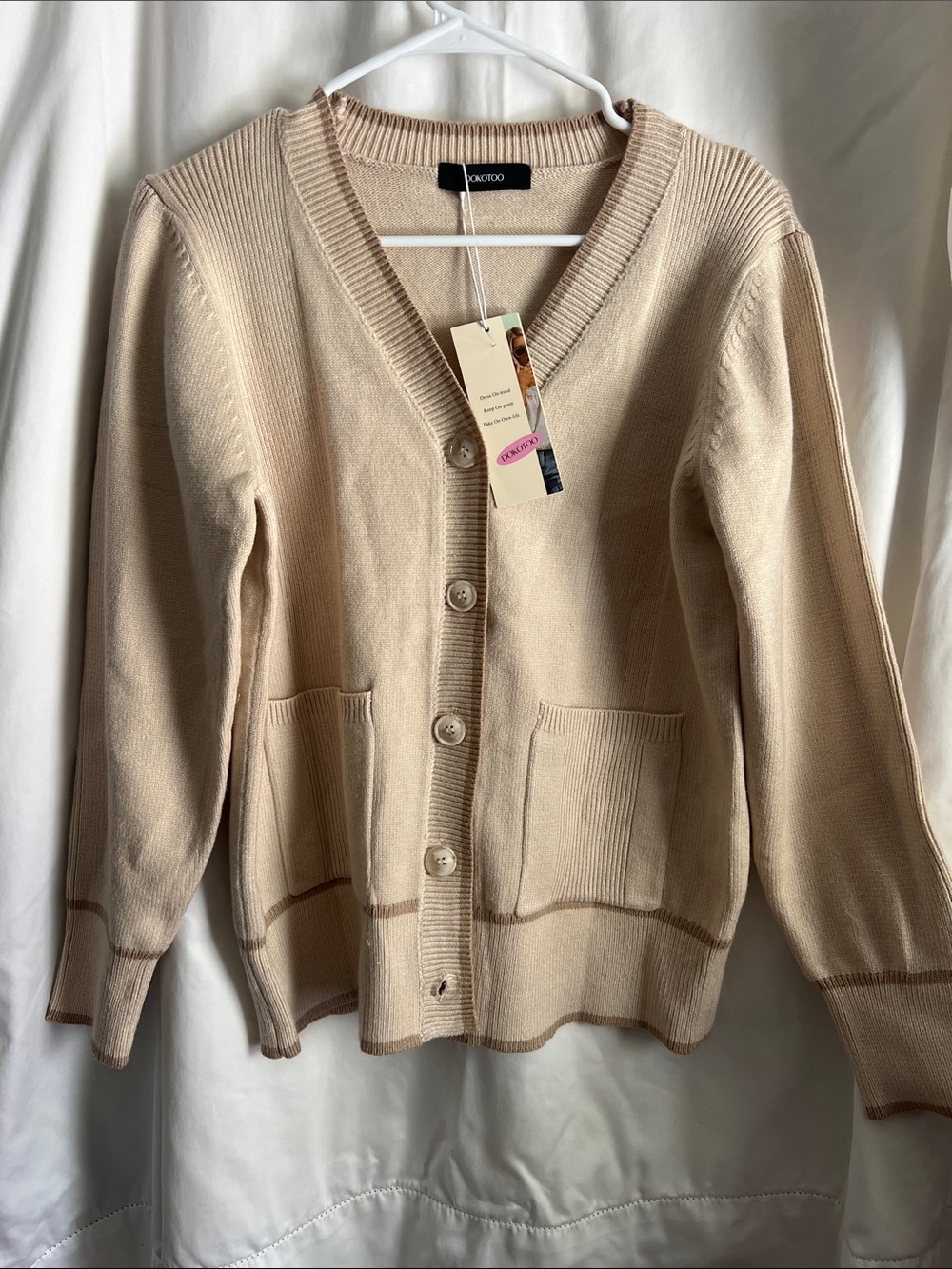Dokotoo Cream Button-Front V-Neck Cardigan with Patch Pockets